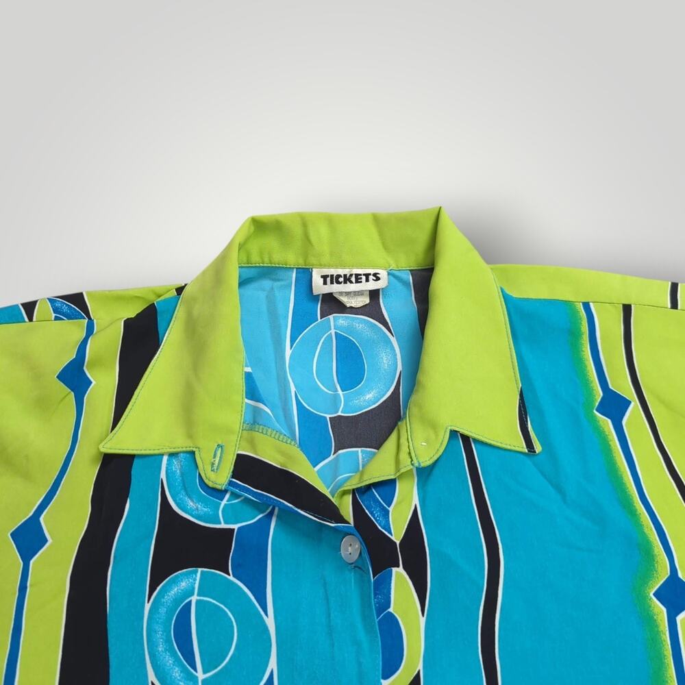 Tickets Women’s PLUS 3X Vintage Button-Up Shirt – Green & Blue Abstract Print